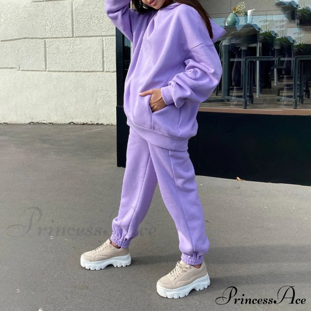 Elegant With Long Sweatshirt Women’s Set And Hoodie Lace-Up Warm Pant Solid Detail