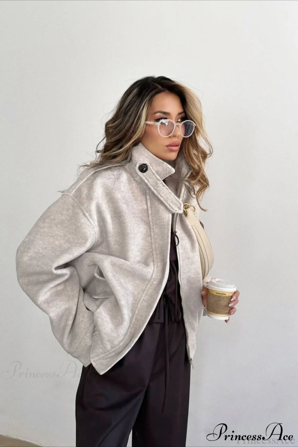 Elegant Wool Zip Short Loose Coat Khaki / S