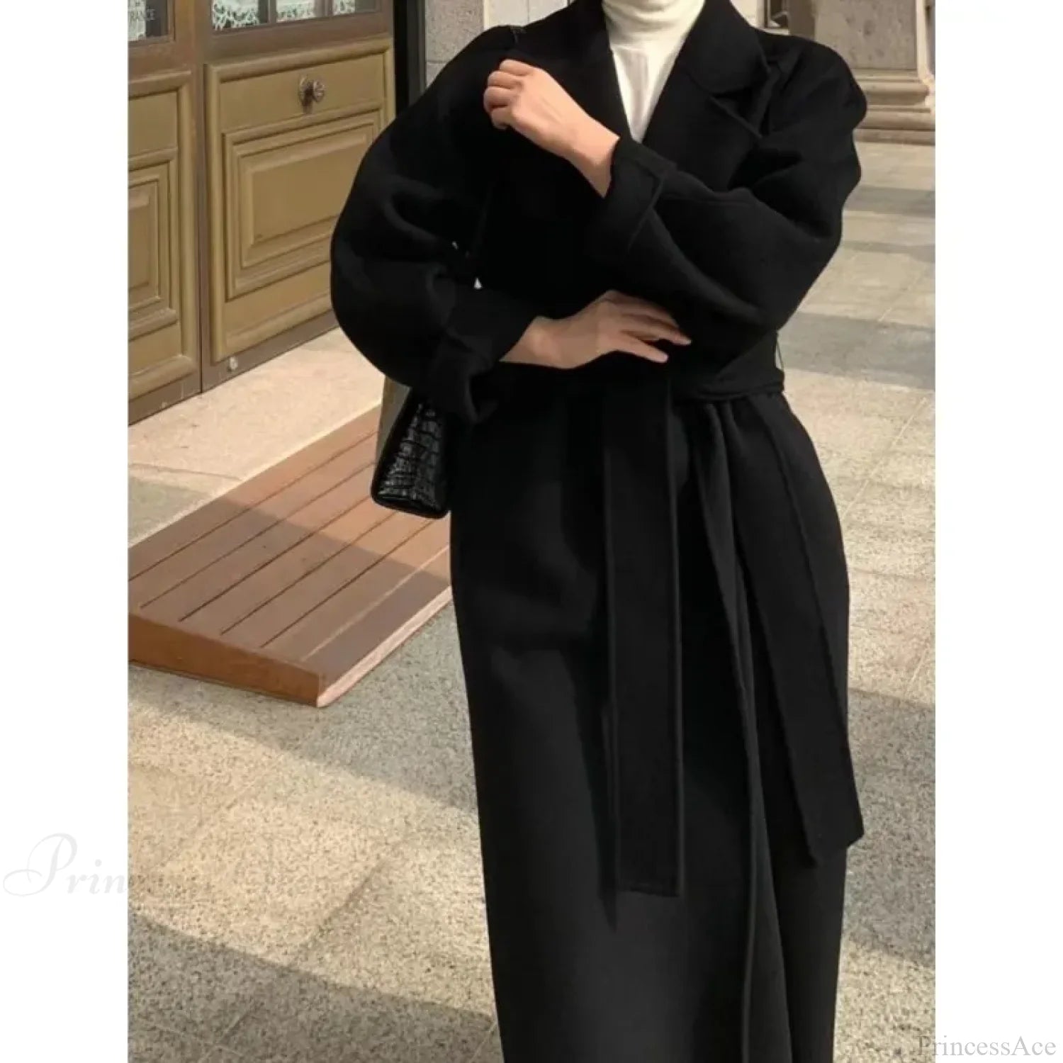Elegant Woolen Belted Long Overcoat Black / S