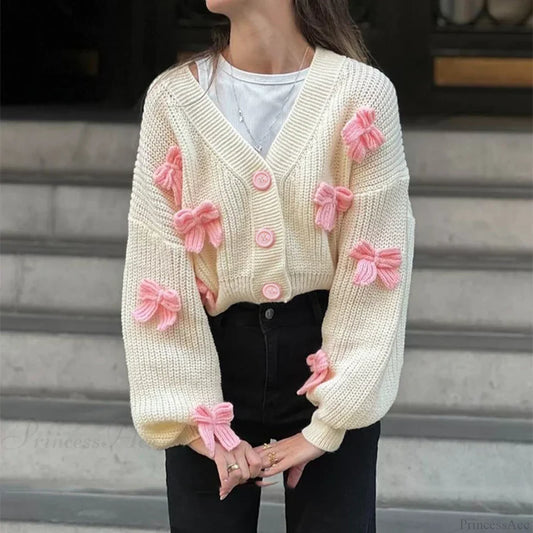 Embroidered Bow V-neck Cardigan White / S