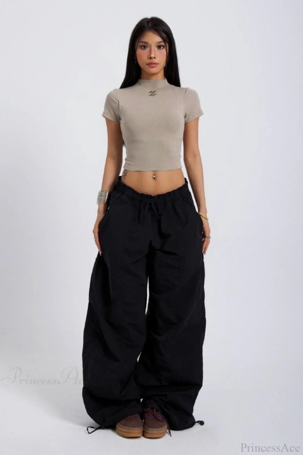 Embroidered Cargo Street Straight Leg Pants Black / S