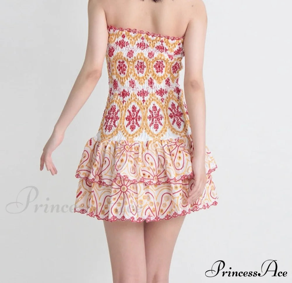 Embroidered Design Tube Charming Ruched Mini Dress