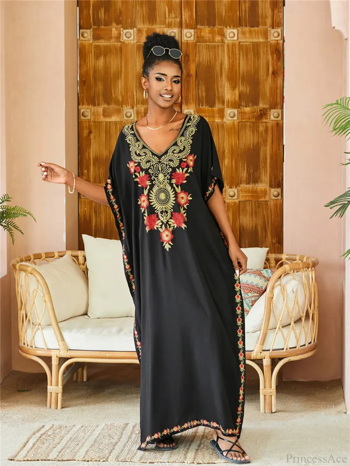 Embroidered Kaftan Beach Vacation Floral Dress Black / One Size oldfloraldress-250126