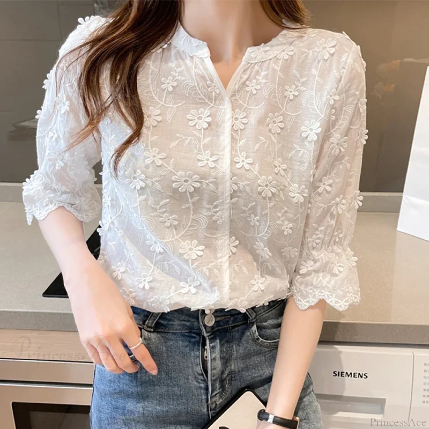 Embroidered Lace Summer Cotton White Blouse blouse-250126