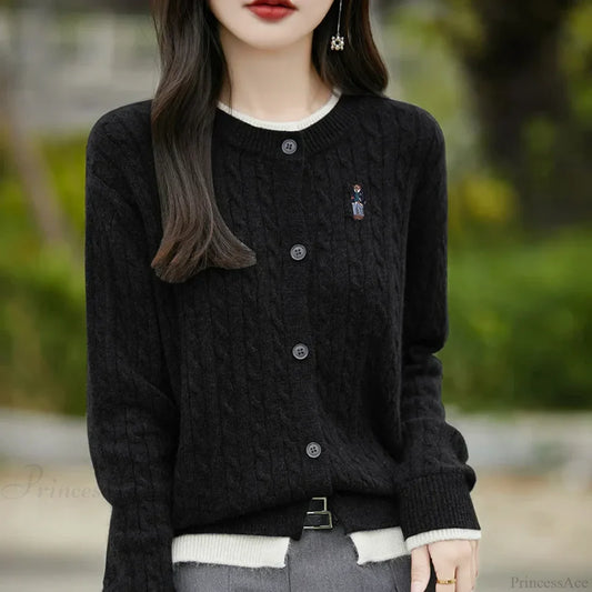 Embroidered Little Bear Loose Cashmere O-Neck Cardigan Black / M cardiagn-250126