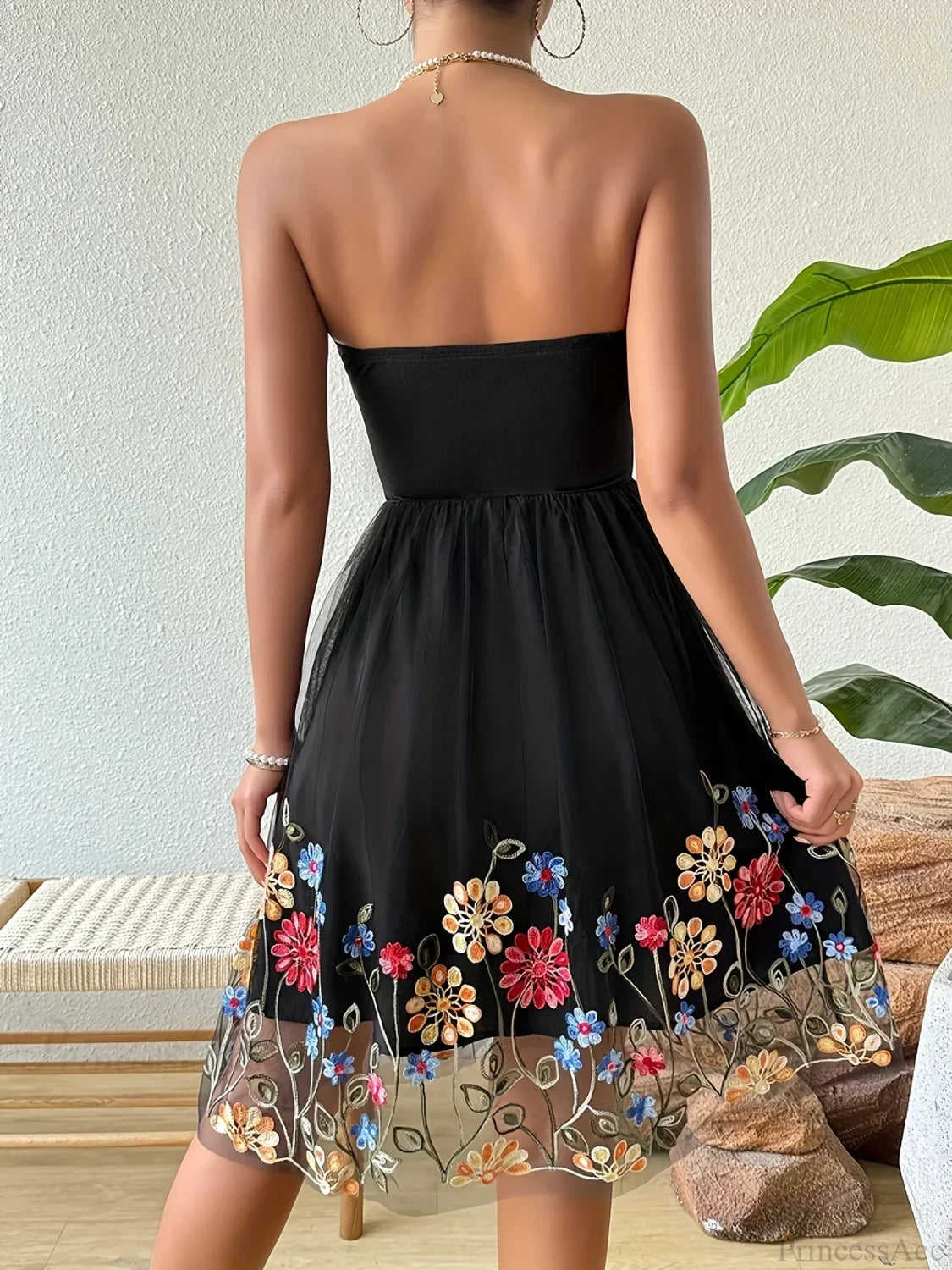 Embroidered Mesh Floral Strapless Vintage Floral Dress floraldress-250126
