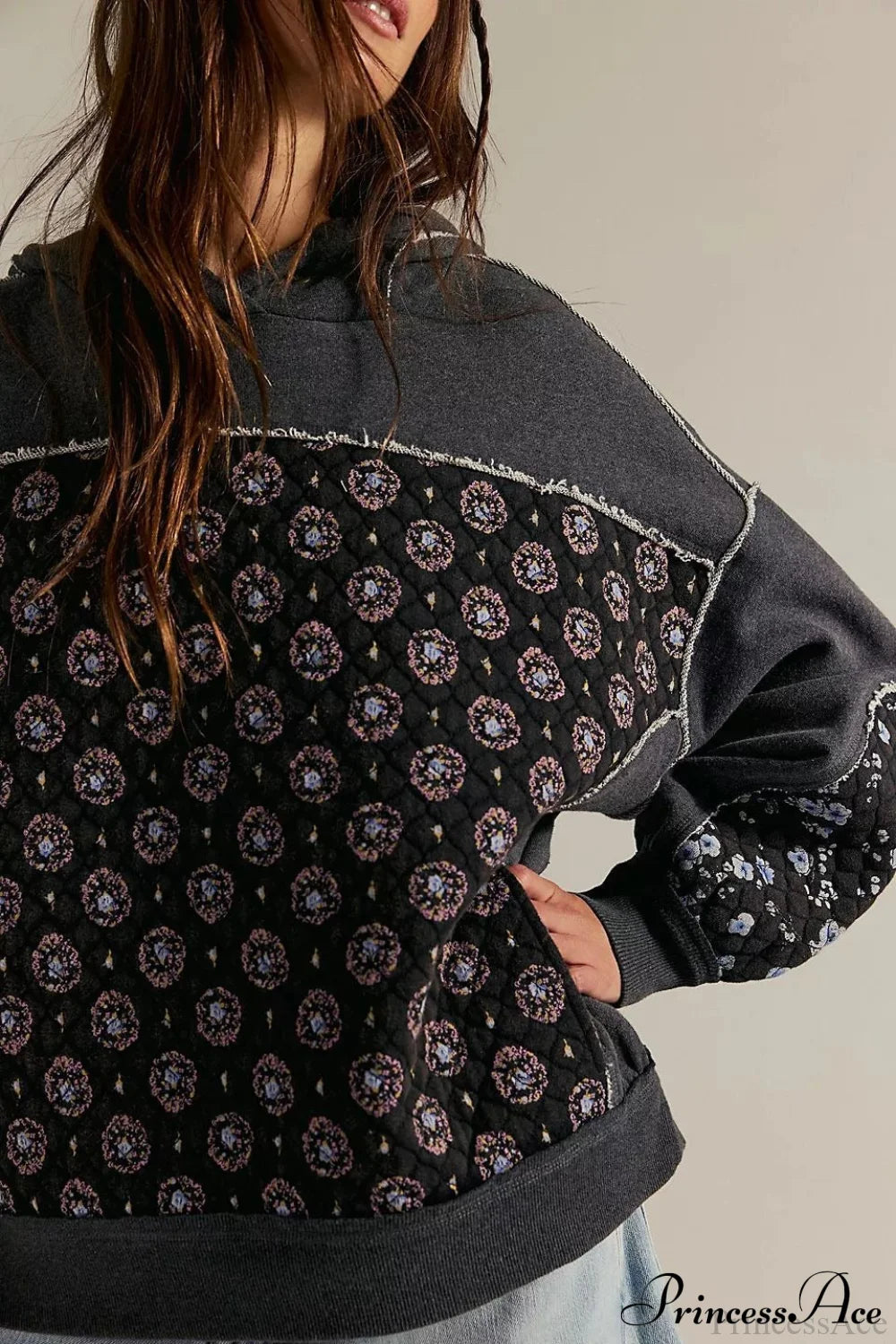 Embroidered Panel Design Casual Pullover Hoodie