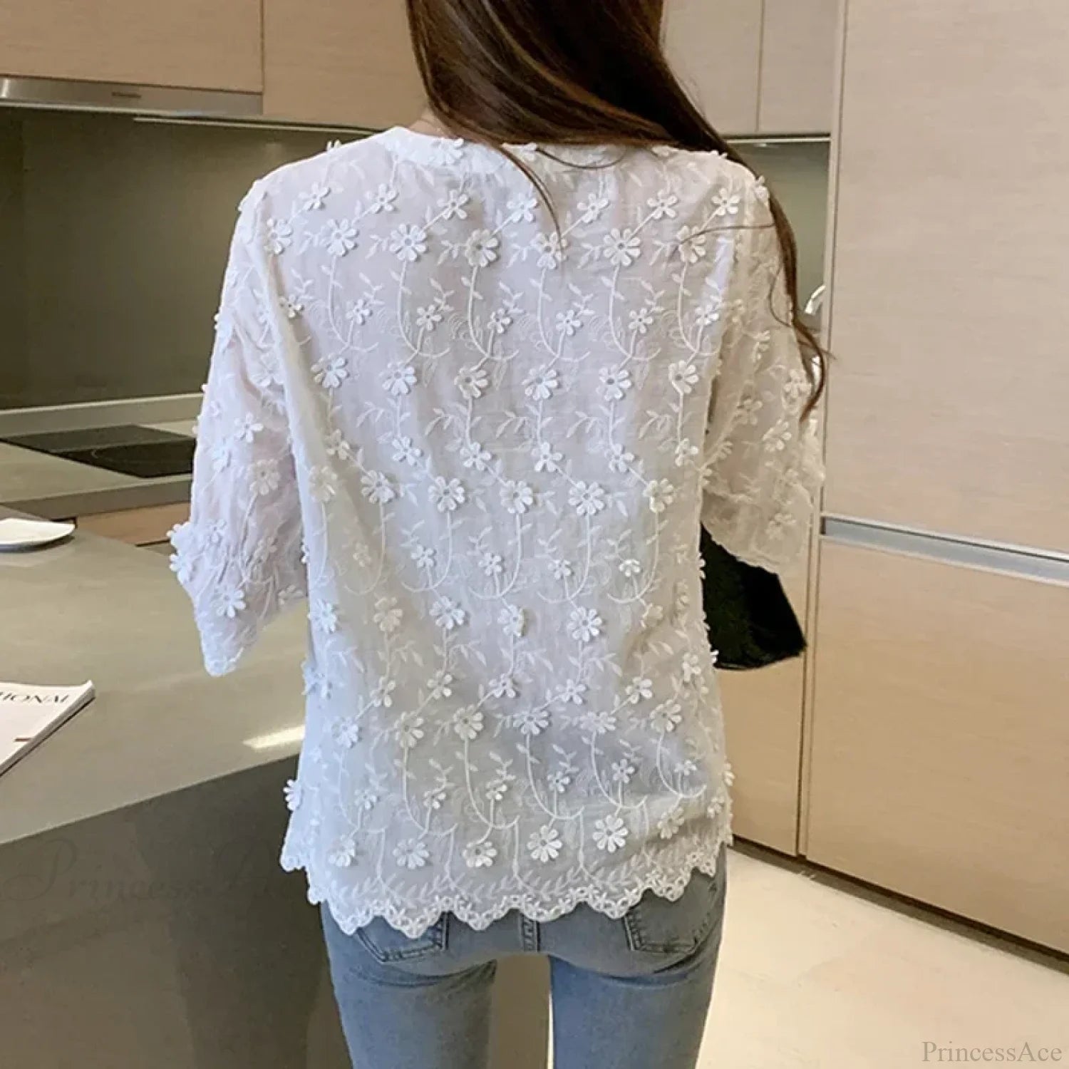 Embroidered White Cotton Floral Korean Style Blouse blouse-250126