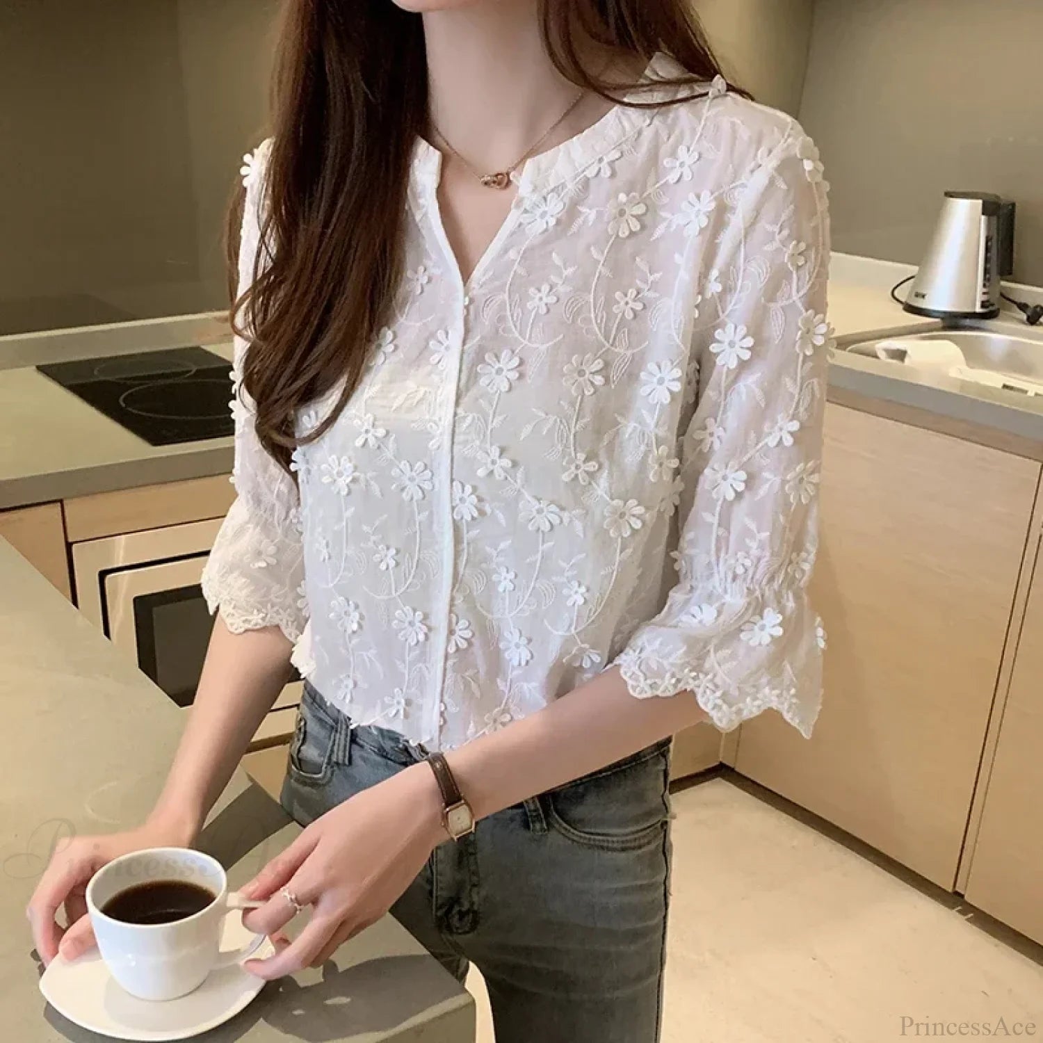 Embroidered White Cotton Floral Korean Style Blouse WHITE / S blouse-250126