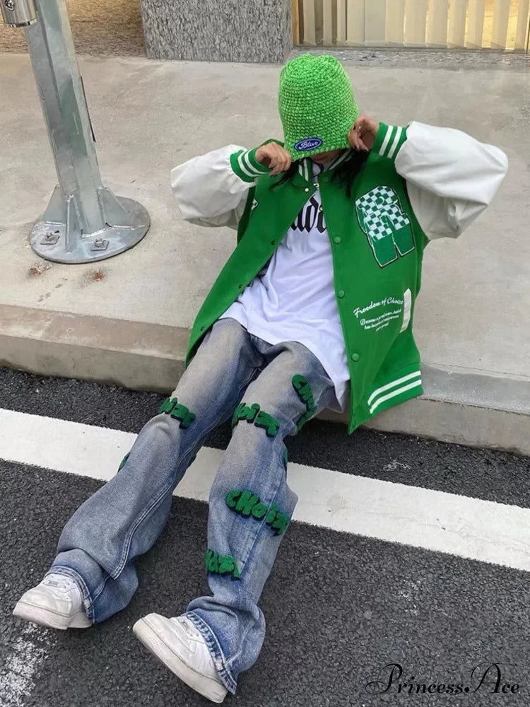 Embroidery Hiphop Flocking Autumn Wide-Leg Fashion High Waist Style Pants Jean