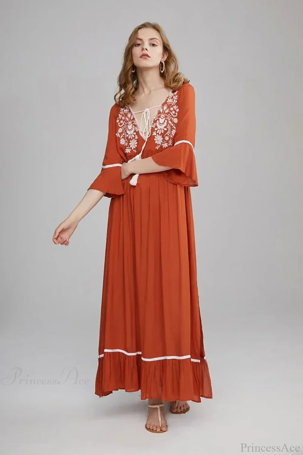 Embroidery Hollow Out Lace Retro White Boho Dress Brown / S bohodress-250126