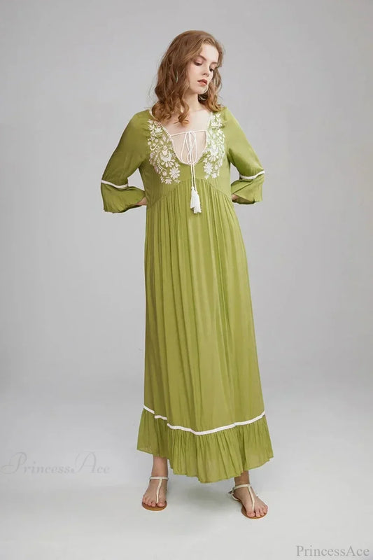 Embroidery Hollow Out Lace Retro White Boho Dress Green / S bohodress-250126