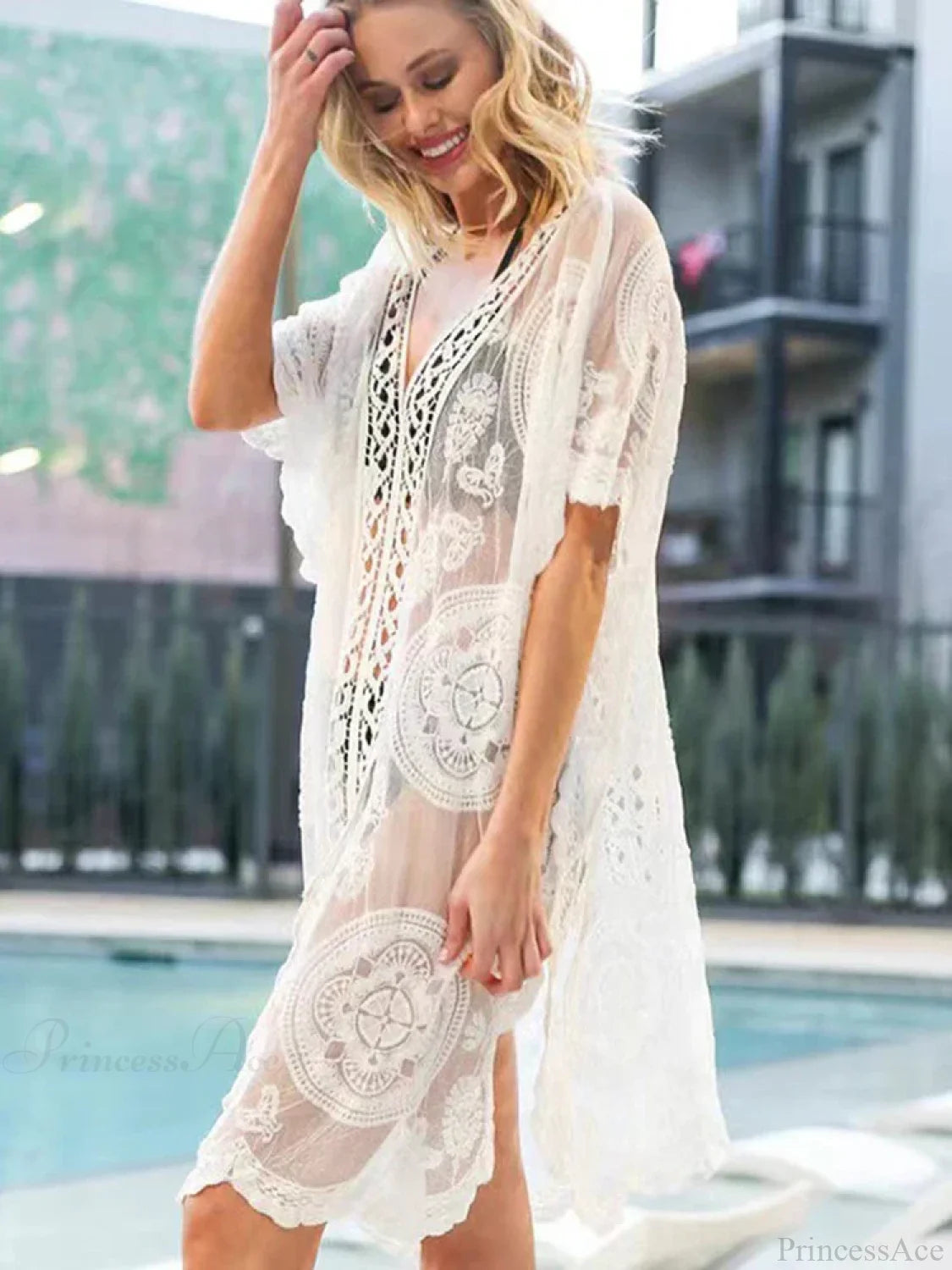 Embroidery Lace V-Neck Bikini Cover Up