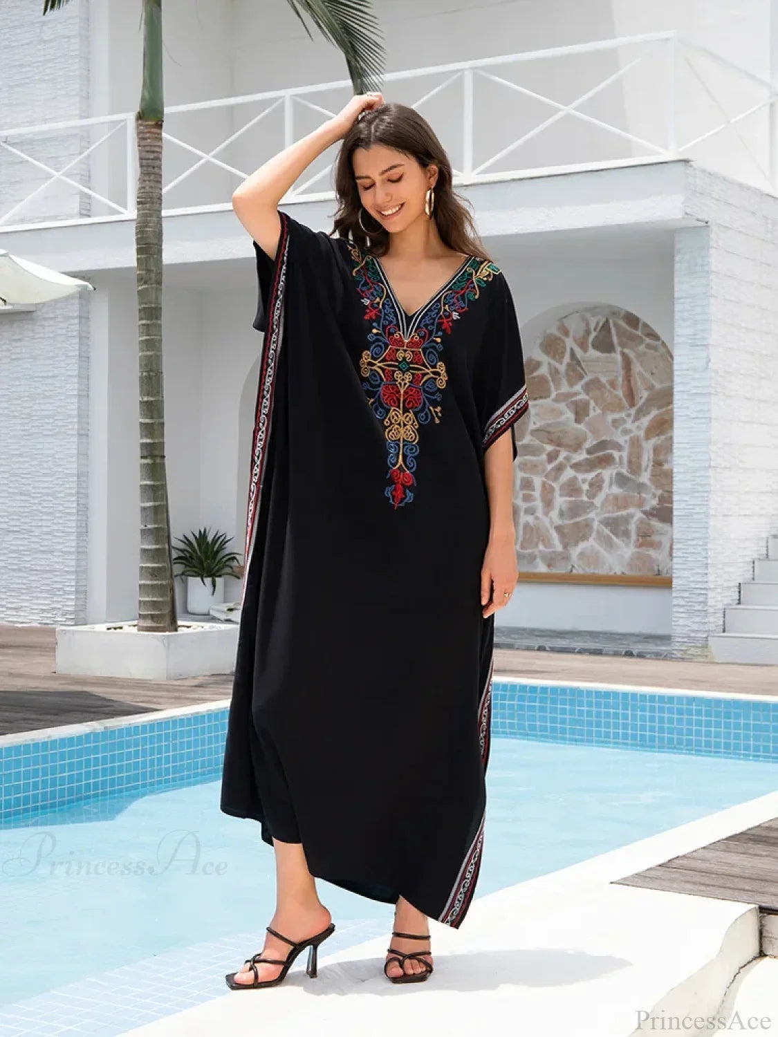 Embroidery Long Dress Beach Cover Up Black / One Size