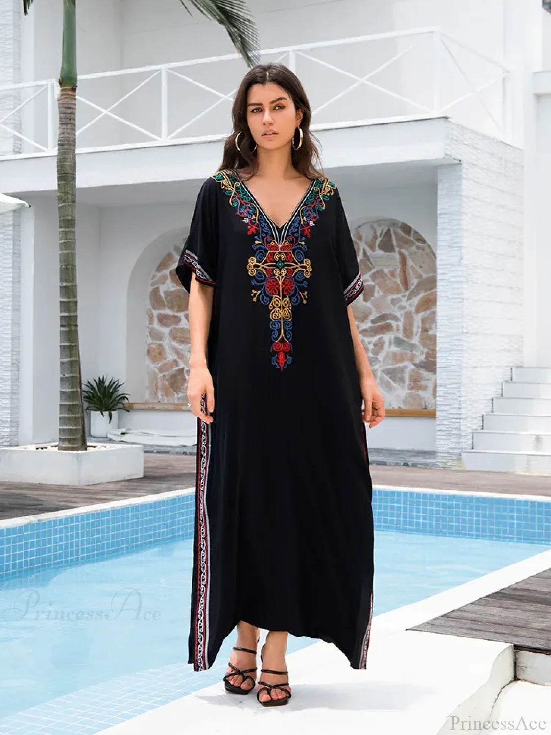 Embroidery Long Dress Beach Cover Up Black / One Size