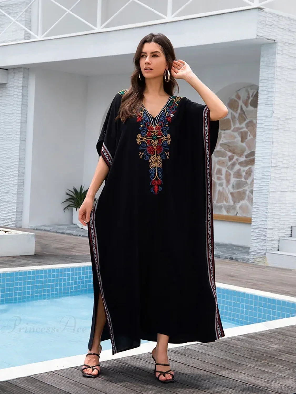 Embroidery Long Dress Beach Cover Up Black / One Size