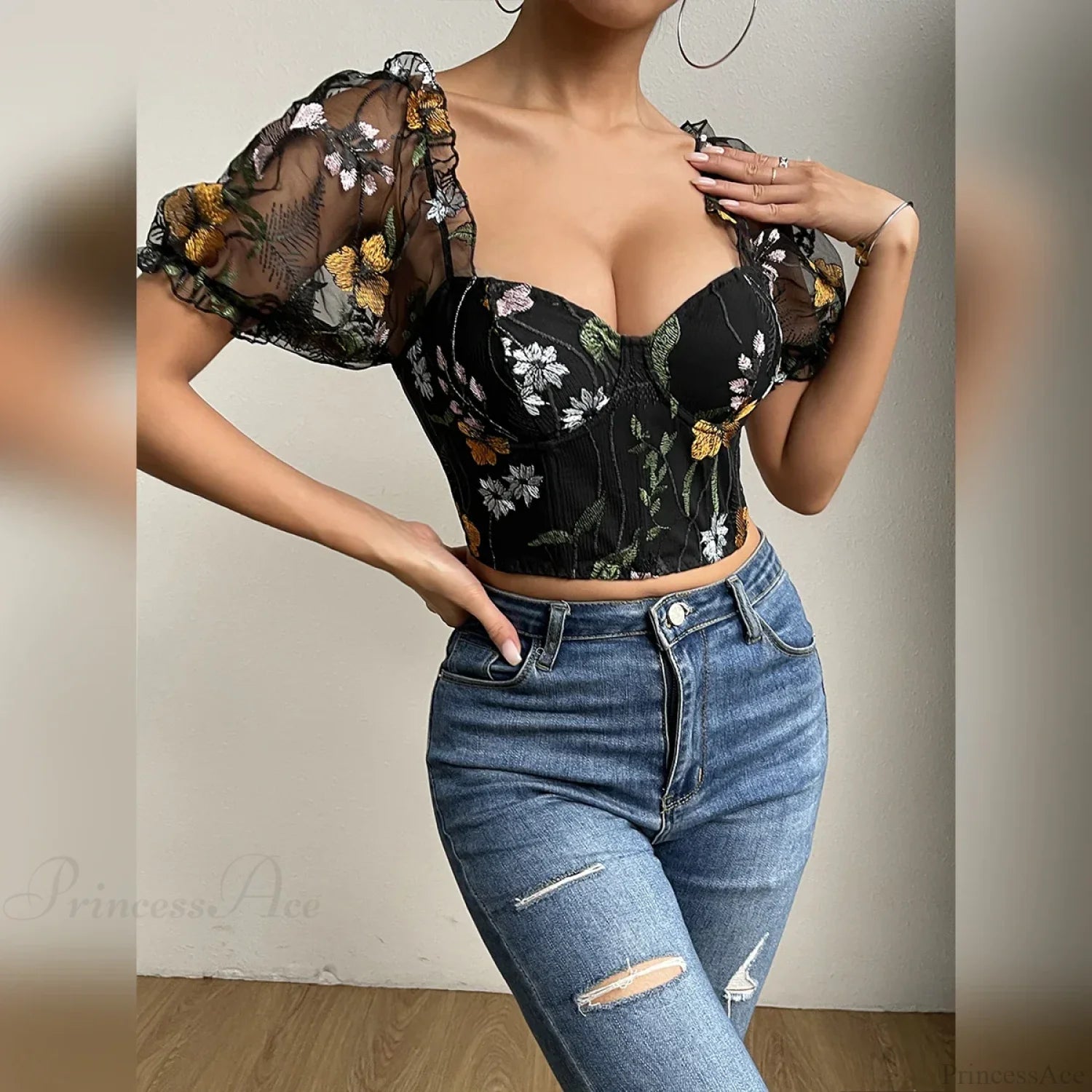 Embroidery Mesh Puff Sleeve Fishbone Corset Top croptop-250126