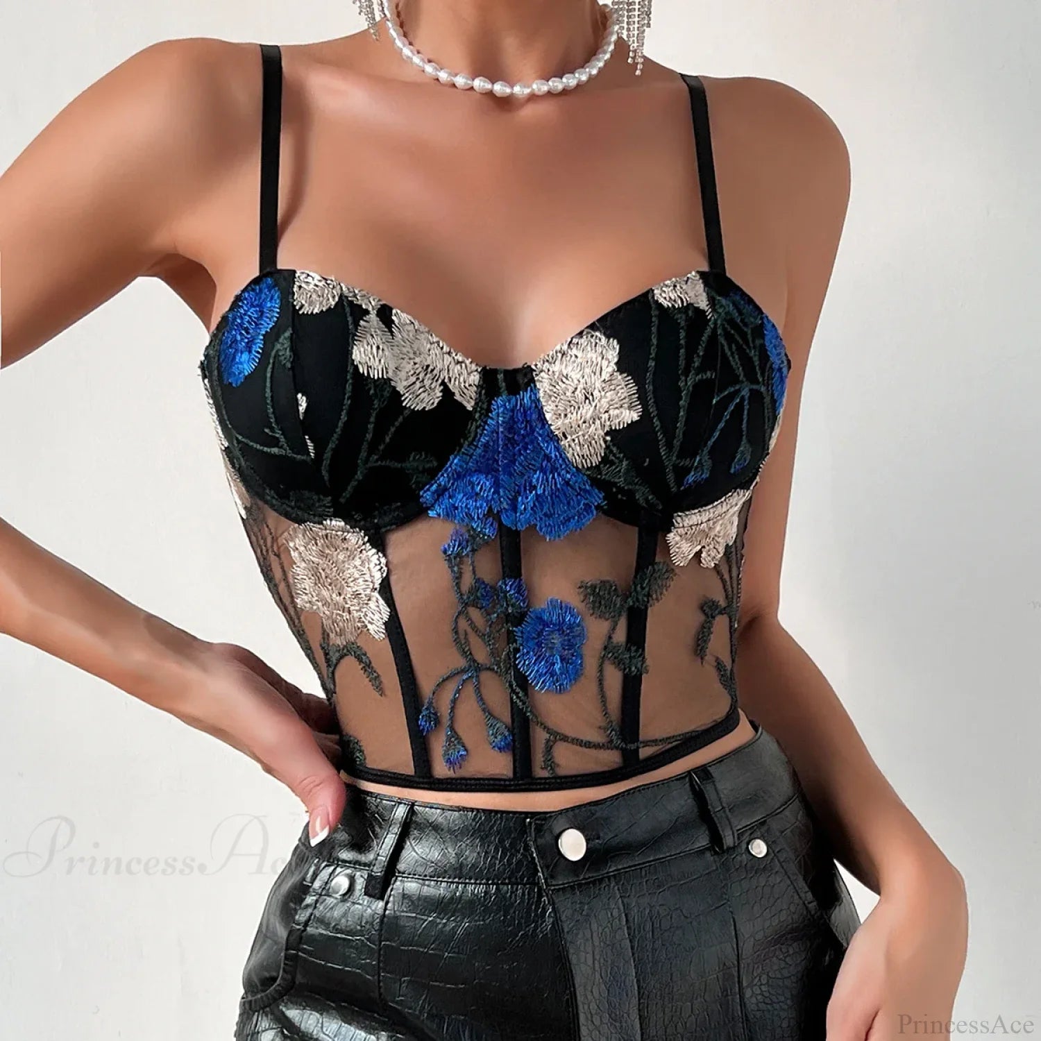 Embroidery Mesh Tank Top Sexy Slim Bustier croptop-250126