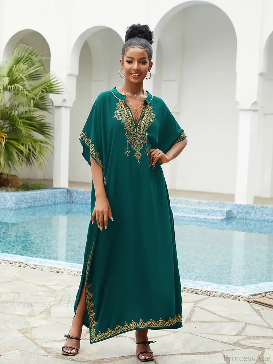Embroidery Printed Long Dress Cover Up Dark Green / One Size