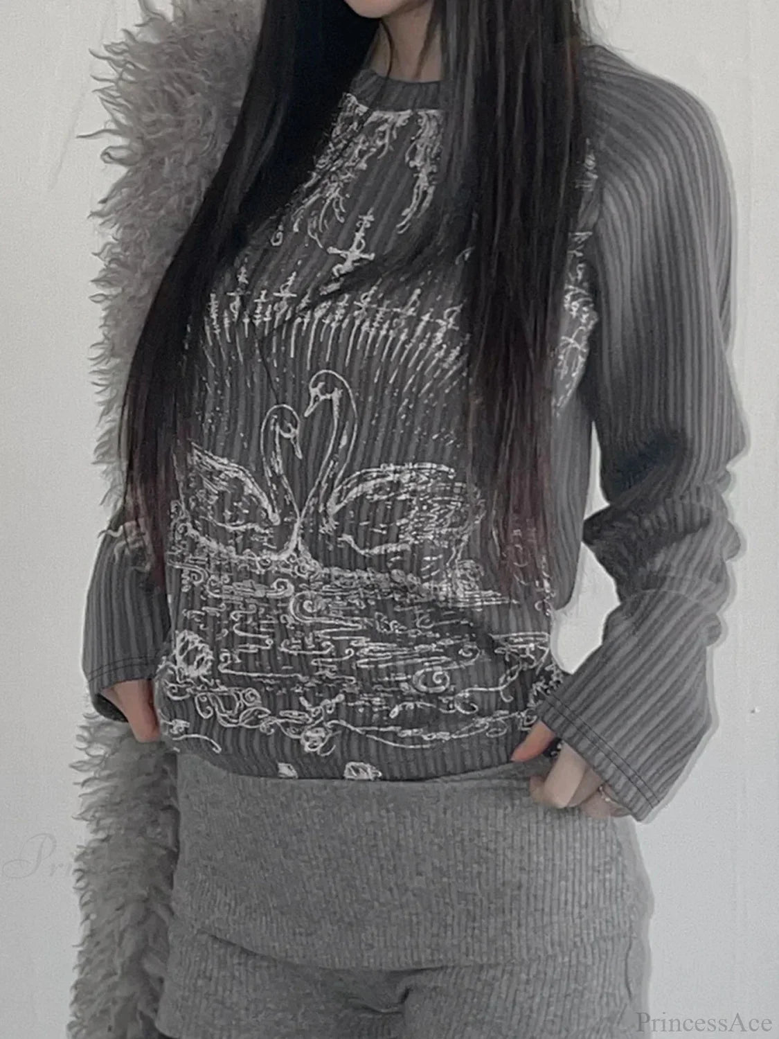 Emotional Printed Round-neck Knit Top Grey / S