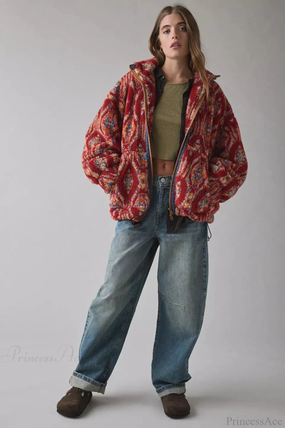 Ethnic Fleece Stand Collar Zipper Coat