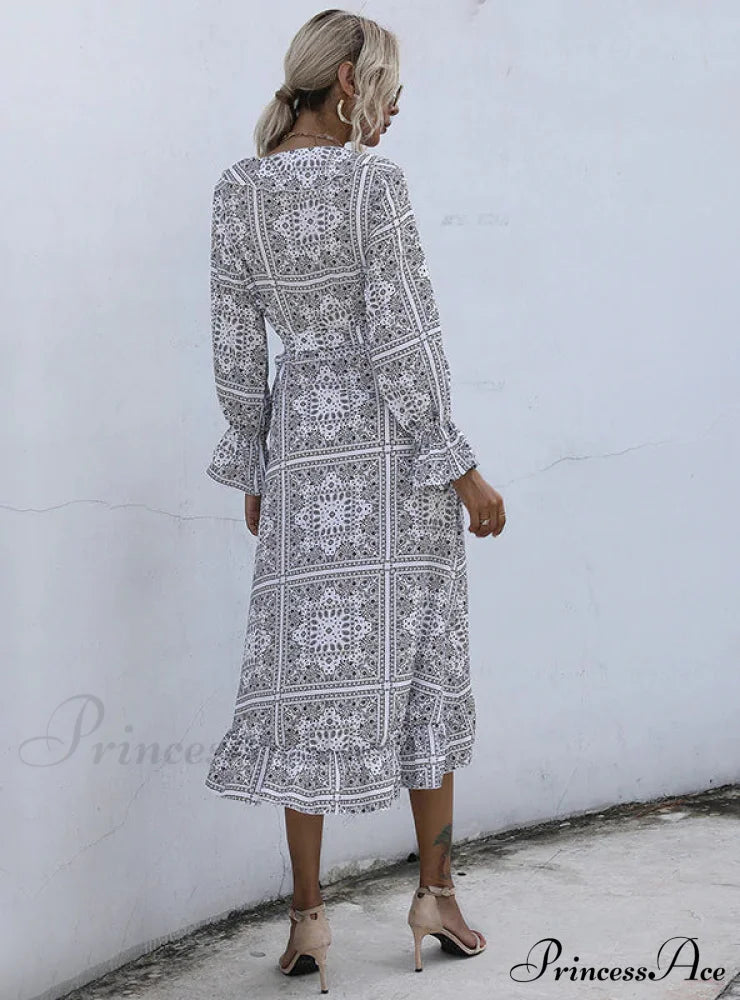 Ethnic Print Mid-Length Temperament Dress M / Black Print Dress