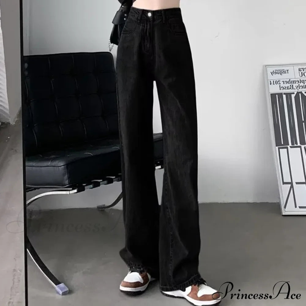 European And American Gentle Style Dirty Pink Ruffled Versatile Wide Leg Pants Jean Black / S