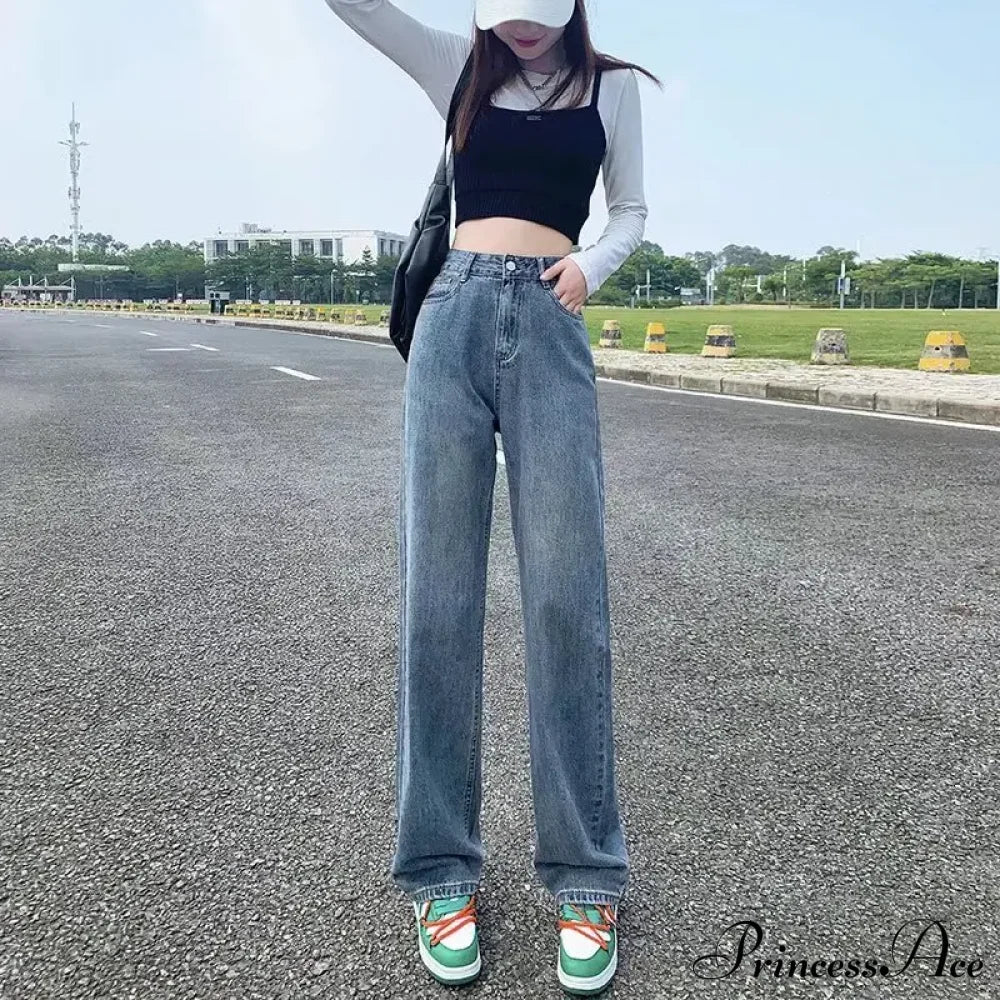 European And American Gentle Style Dirty Pink Ruffled Versatile Wide Leg Pants Jean Blue / S