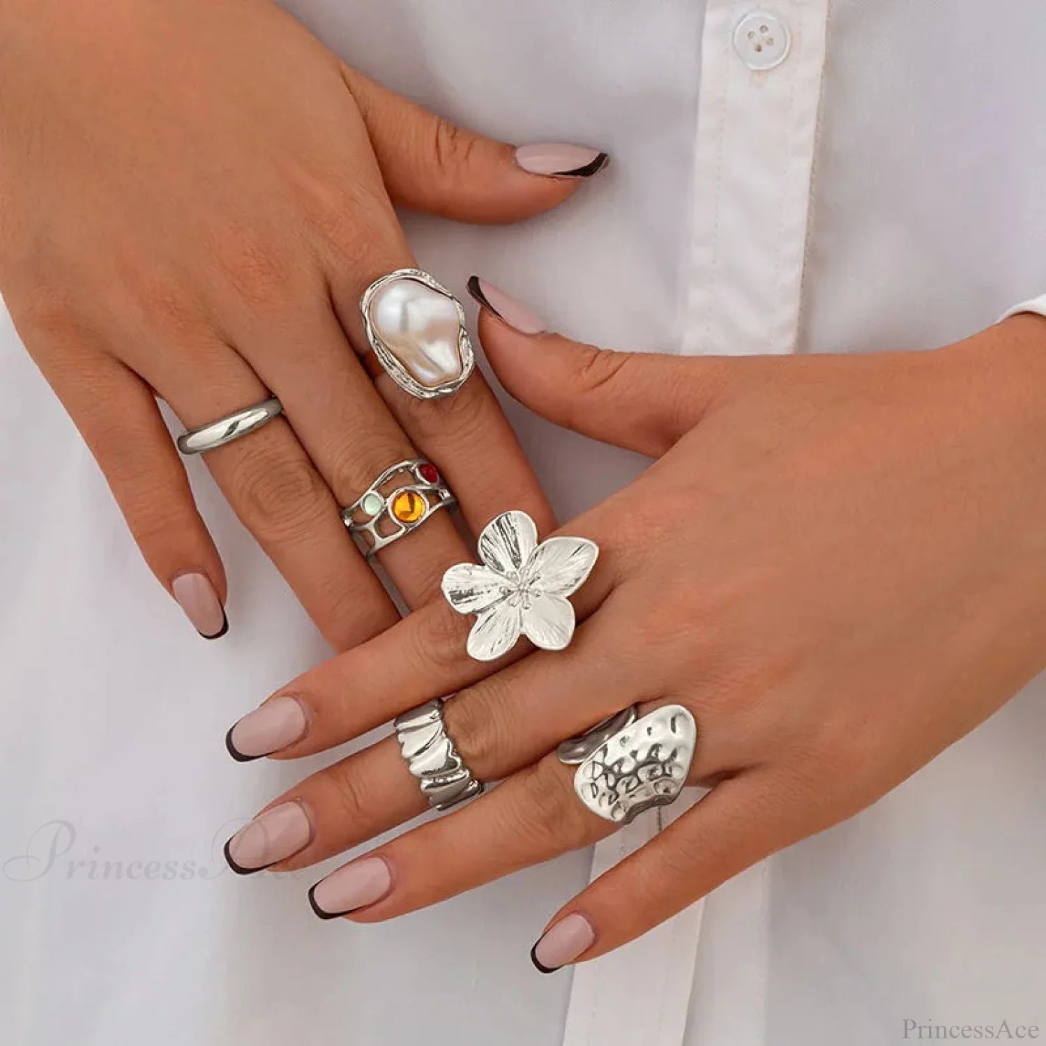European Ornate Pearl Medieval Ring 02 silver color