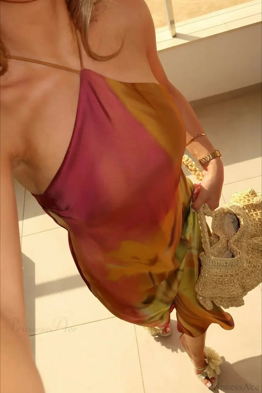 European Style Printed Halter Vacation Dress vacationdress-250223