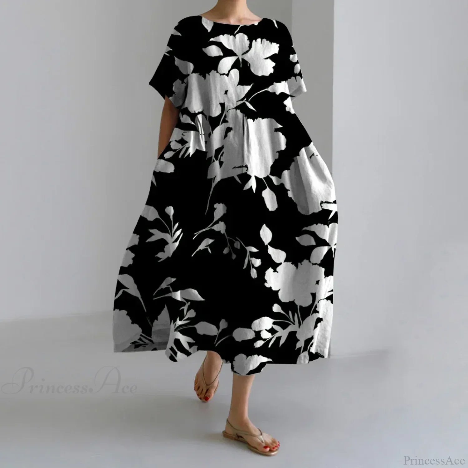 Exquisite 3D Floral Print Short Sleeve Midi Evening Dress black1 / S oldfloraldress-250126