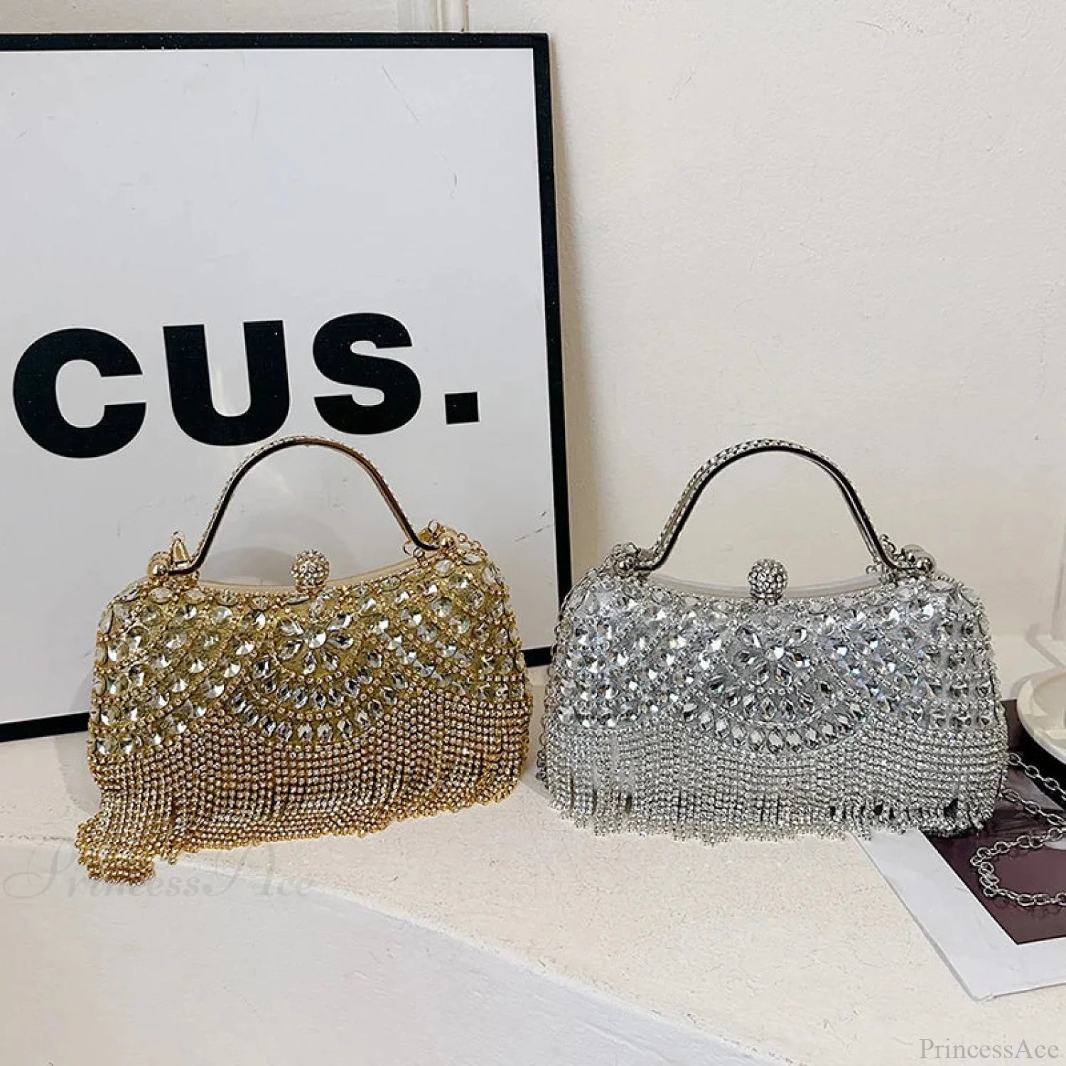 Exquisite Diamonds Gold Silver Hasp Chain Clutch Bag clutchbag-250126