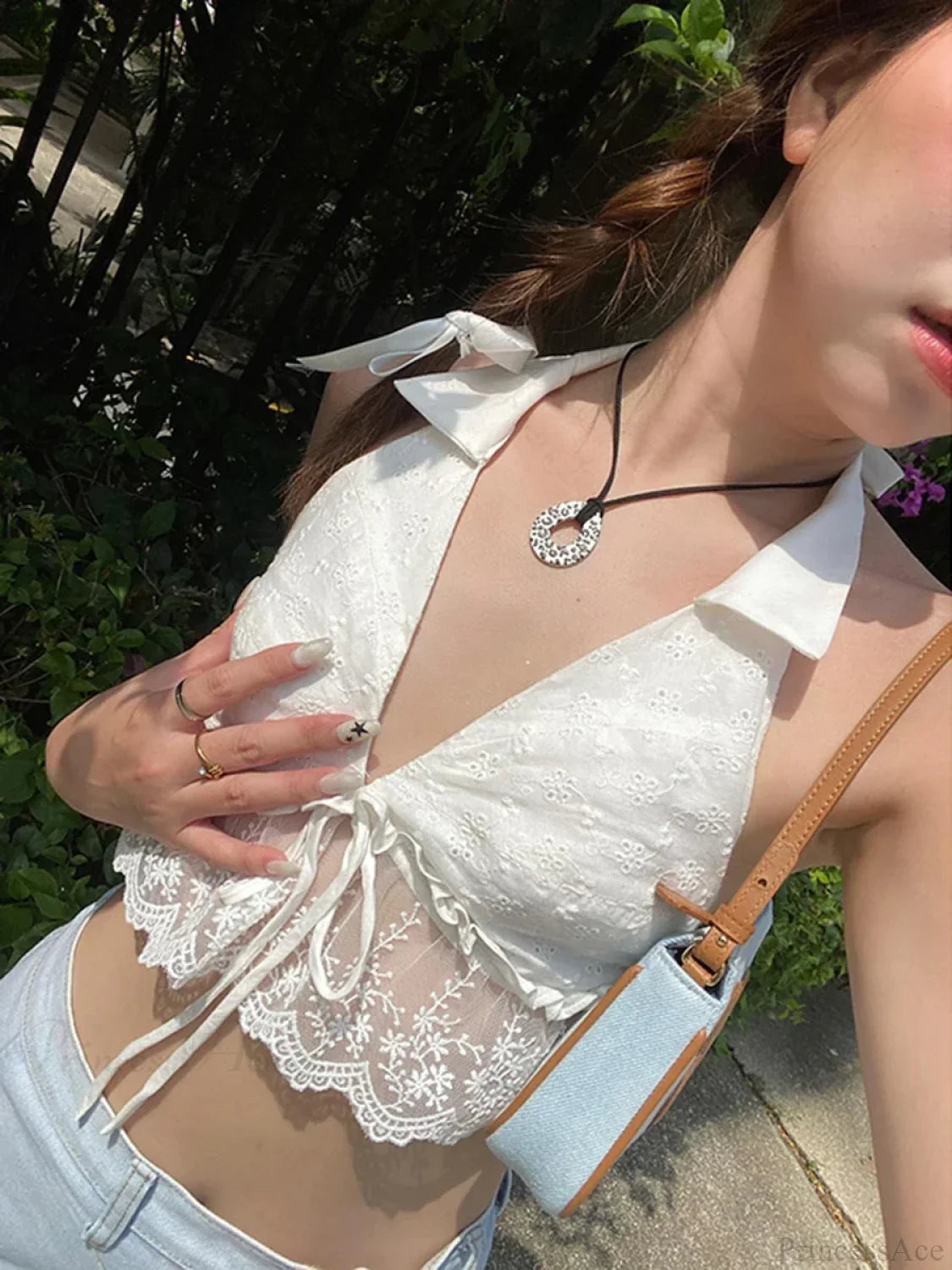 Eyelet Embroidery Halter Lace Ruffle Backless Crop Vest croptop-250126