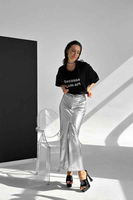 Jupe moulante fendue taille haute argentée