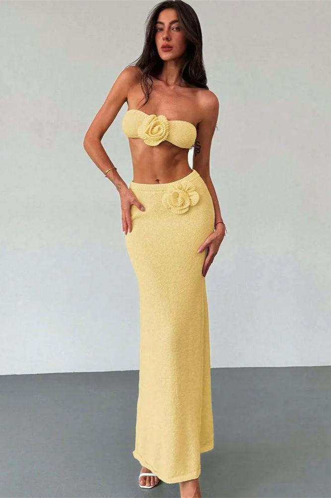 Knit Floral Patchwork Tube Top Boho Dress Yellow / S