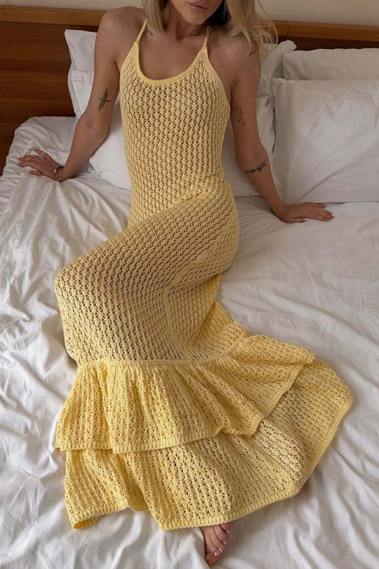 Boho Ruffle Knit Sexy Cutout Sheer Cami Maxi Dress