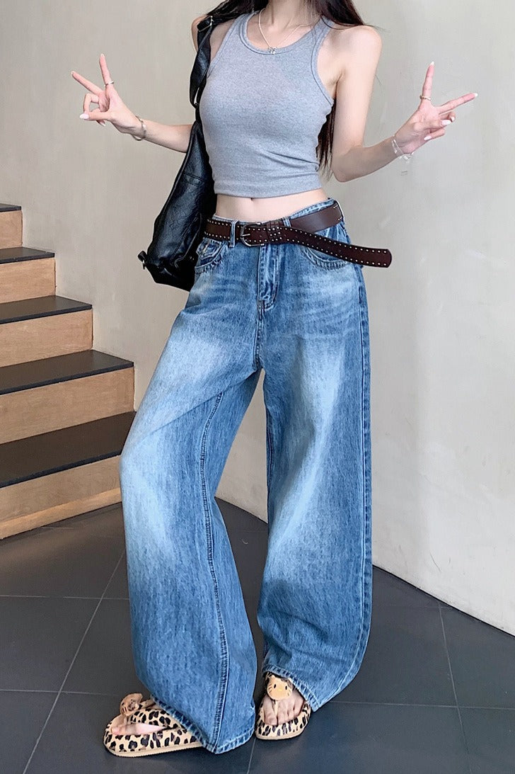 Washed High-Waisted Relaxed Straight Wide-Leg Jeans Blue / S