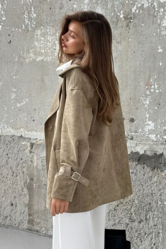 Manteau veste vintage en daim avec revers noué à la taille