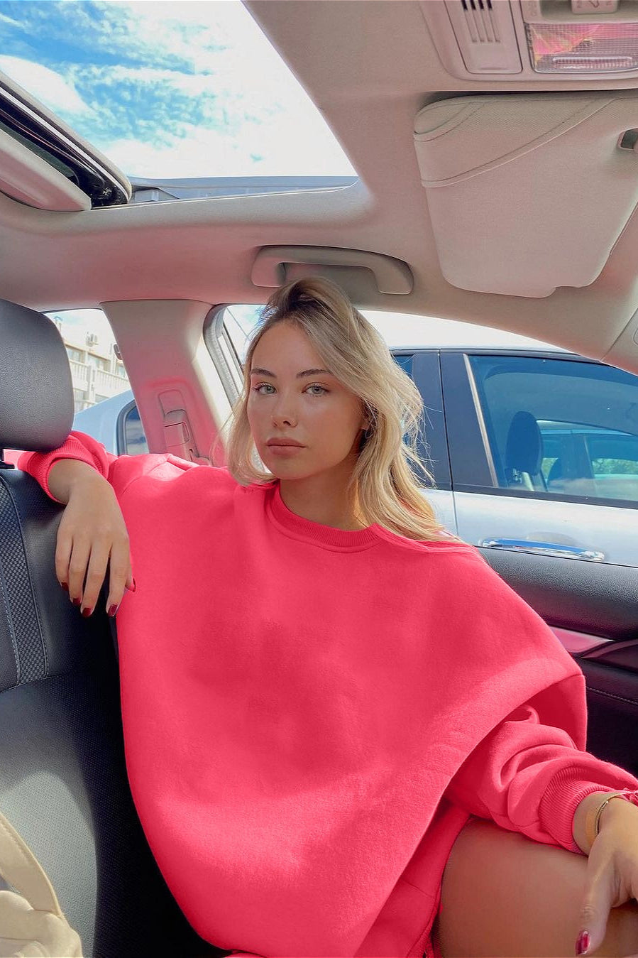 Solid Oversize Relaxed Pullover Sweatshirts M / Pink