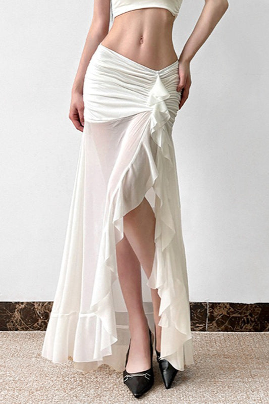 Jupe longue à volants et empiècements en maille avec détails noués