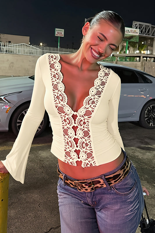 Lace Trim Tie Front Blouse