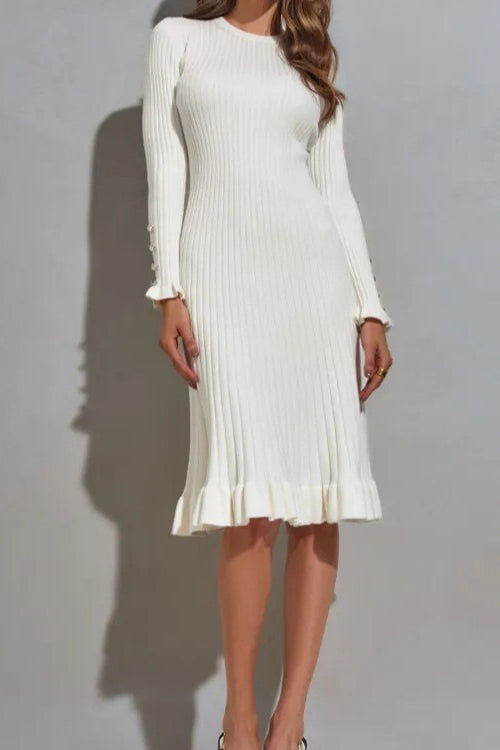 Ruffled Hem Knit Sweater Dress S / White