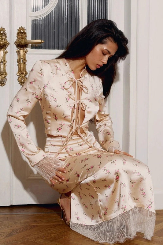 Floral Satin Tie-Front Blouse & Maxi Skirt Set