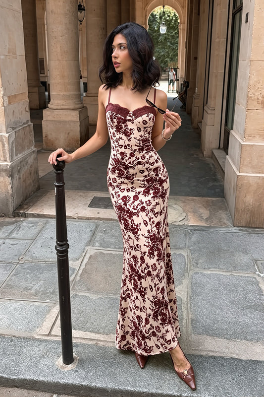 Brown Floral Lace Trim Cami Maxi Dress