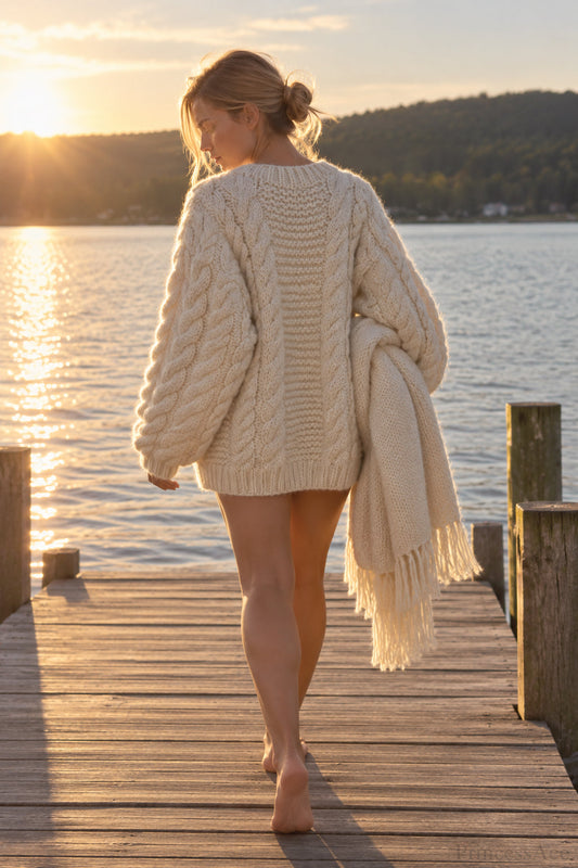 Oversized Cable Knit Crew Neck Sweater