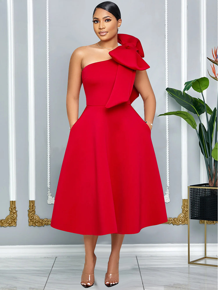 Elegant A Line Pleated One Shoulder Bow Red Christmas Party Dress Red / S Dresses-L