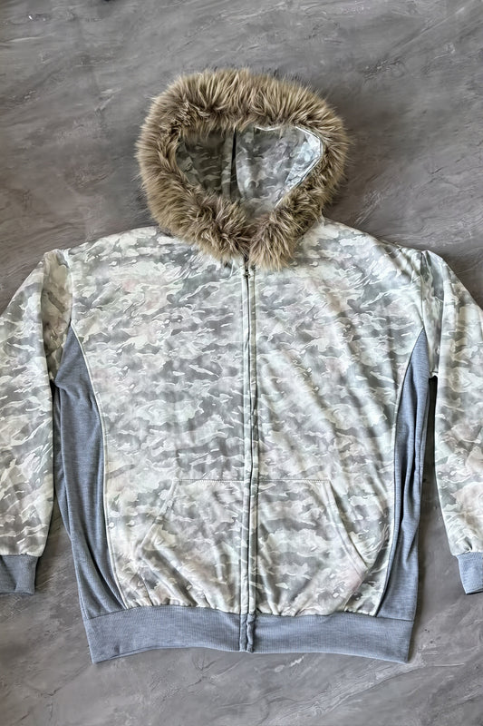 Camo Faux Fur Trim Fitted Zip Hoodie