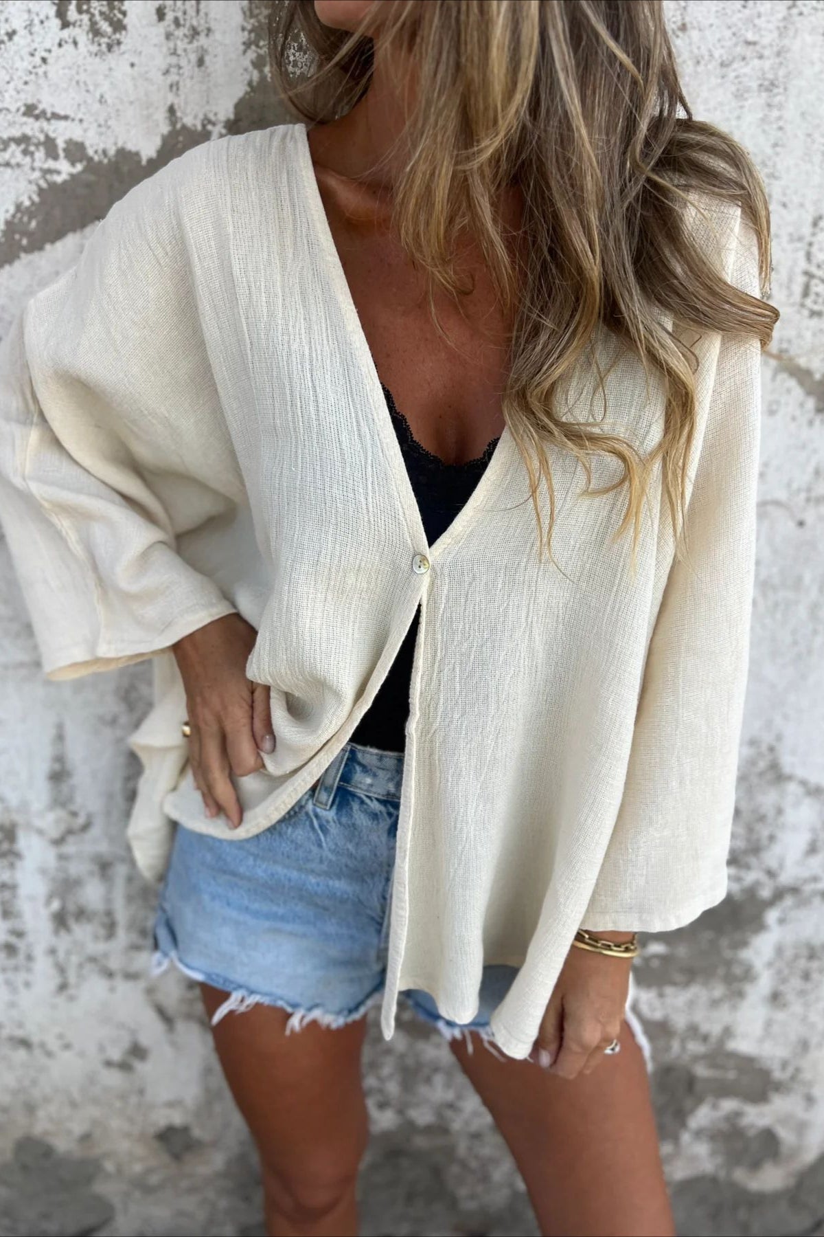 Loose Fit V Neck Long Sleeve Cardigan White / S