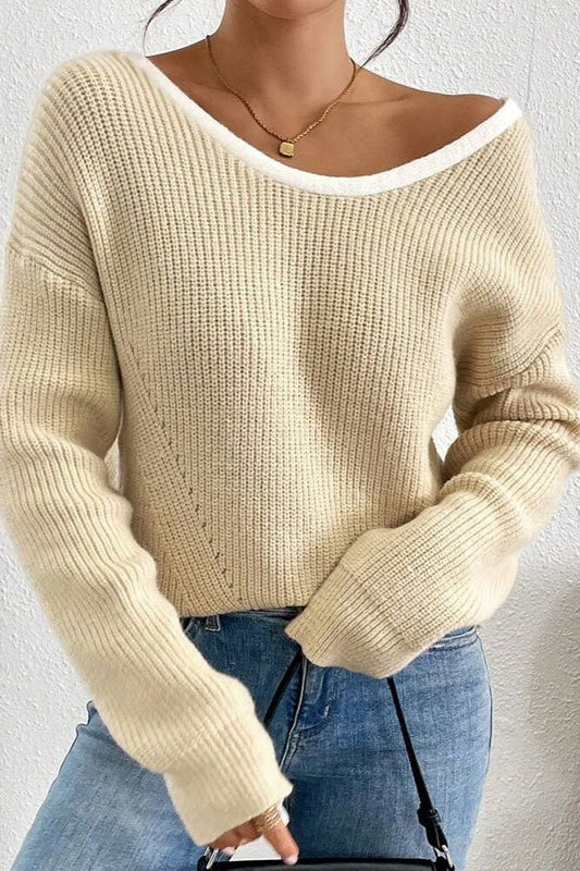 Back Bow Detail Crew Neck Knit Sweater