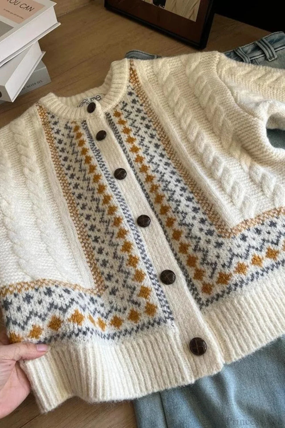 Fair Isle Fair Isle Cable Loose Thick Cardigan Sweater